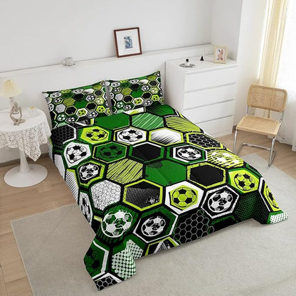 Erosebridal Boys Football Comforter Set Queen Soccer Sports Bedding Set Twin for Kids Teen,Geometric Honeycomb Down Comforter Hexagon Beehive Quilt Duvet Duvet Insert Green Black White 2 Pillow Cases