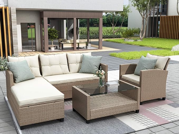4 Piece Outdoor Patio Furniture Set, Sectional Conversation All-Weather Grey PE Wicker w/Seat Cushions for Backyard Porch Garden Poolside Balcony, Onesize, Ob-Beige