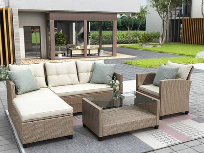 Outdoor Patio Furniture Sets, 4 Piece Rattan Conversation Sofa Wicker Sectional Couch with Chaise Lounge, Single Sofachair, Seat Cushions and Glass Table, for Garden Backyard Deck, Beige