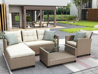 4PCS Patio Furniture Set, Outdoor Wicker Conversation Sectional L-Shaped Sofa with 4 Seater Thickness Coffee Table, for Backyard, Porch, Onesize, E-Beige Cushion+Brown Rattan