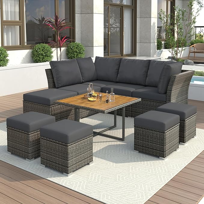 9-Pieces Outdoor Rattan Sectional Sofa Set, Wicker Patio Conversation Furniture with L-shape Couch&Storage Ottomans, Acacia Wood Coffee Table, for Garden Yard, Grey Wicker&Grey Cushion