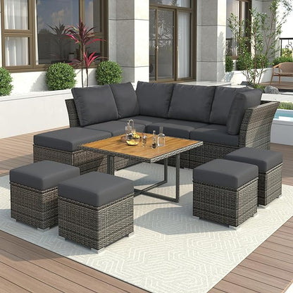 9 Piece Patio Furniture Set with Solid Wood Coffee Table and Ottomans, Rattan Modular Outdoor Sectional Conversation Sofa, for Garden Backyard, Onesize, Gray