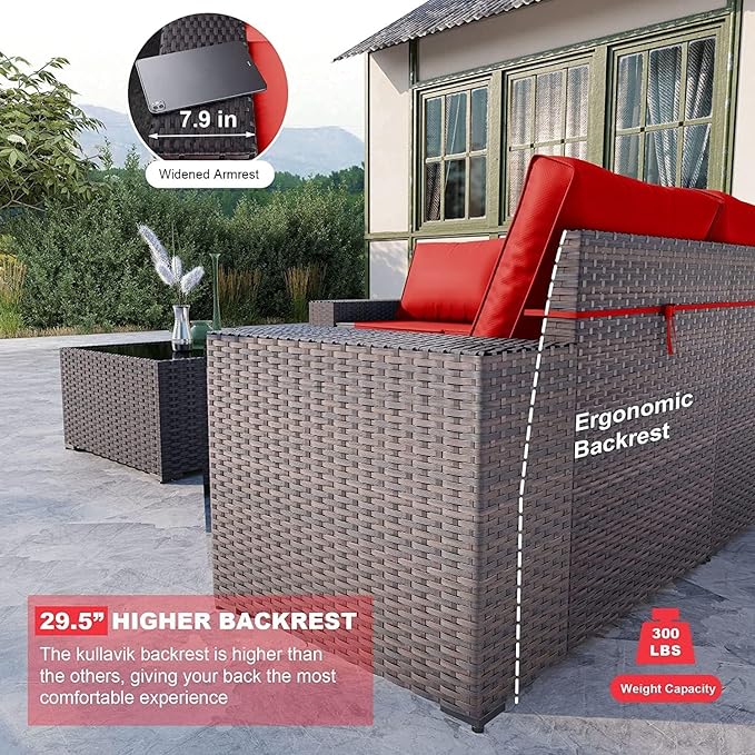 Kullavik 12PCS Outdoor Patio Furniture Set PE Wicker Rattan Sectional Sofa Patio Conversation Sets,Red