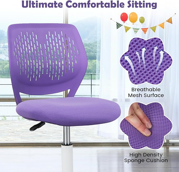 Kids Desk Chair, Purple Ergonomic Kids Office Chair Ages8-12 w/Lumbar Support, Low-Back Teen Desk Chair for Girls Boys, Small Cute Kids Computer Chair for Bedroom/Study/Vanity Desk
