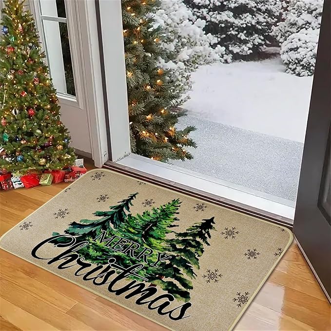 Merry Christmas Door Mat ,Pine Trees Snowflakes Welcome Doormat for Front Door,Non-Slip Winter Xmas Holiday Front Porch Rugs, Indoor Outdoor Entry Doormats Low-Profile Floor Mats,29 x 17 Inch