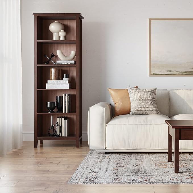 SIMPLIHOME Artisan SOLID WOOD 26 Inch Contemporary 5 Shelf Bookcase in Russet Brown, For the Living Room, Study Room and Office