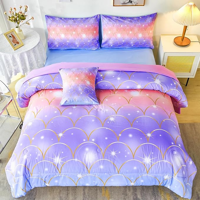 PERFEMET Full Size Mermaid Comforter Sets 6 Pieces Purple Ombre Girls Bedding Sets Tie Dye Rainbow Glitter Bed in A Bag for Kids Teens Girls Women