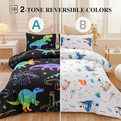 Meeting Story Dinosaur Comforter Set, Fluorescence Gradation Dinosaur Twin Comforter Set, 3 PCS 1 Comforter and 2 Pillowcases in One Bag, All Season Bedspread for Kids Teens Adults（Twin）