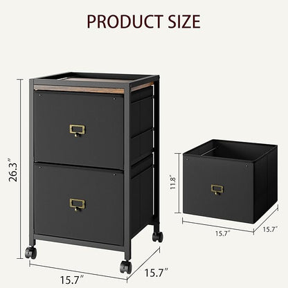 File Cabinet with 2 Drawers, Mobile Filing Cabinet Fits Letter Size or A4, Fabric Vertical File Cabinet on Wheels, File Cabinet for Home Office, Small Under Desk Storage Cabinet, Black