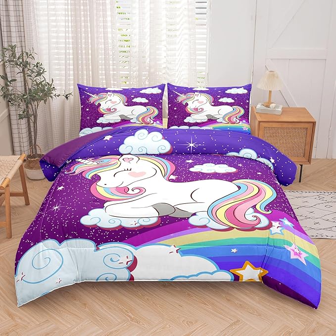 Tailor Shop Unicorn Bedding Sets King Size,Purple Unicorn Comforter Sets for Girls Kids Teens with 2 Pillowcase…