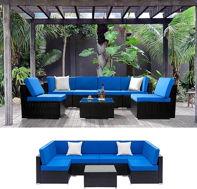 Outvita OutdoorRattan Conversation Set, 7 Pieces PE Rattan Sofa Wicker Patio Furniture Sets with Waterproof Soft Cushion for Backyard Porch Garden Poolside (Black & Blue)