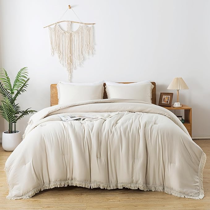Andency Comforter Full Size Set Beige, 3 Pieces Boho Tassel Lightweight Bed Comforter Full, Soft All Season Fluffy Bed Set Gift Choice (79x90In Comforter & 2 Pillowcases)