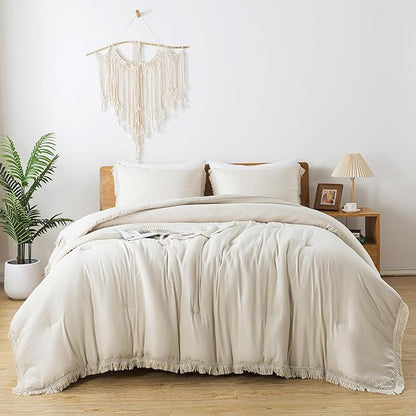 Andency Queen Comforter Set Beige, 3 Pieces Boho Lightweight Fluffy Bedding Comforters & Sets, Soft Tassel All Seasons Bed Set Gift Choice (90x90In Comforter & 2 Pillowcases)