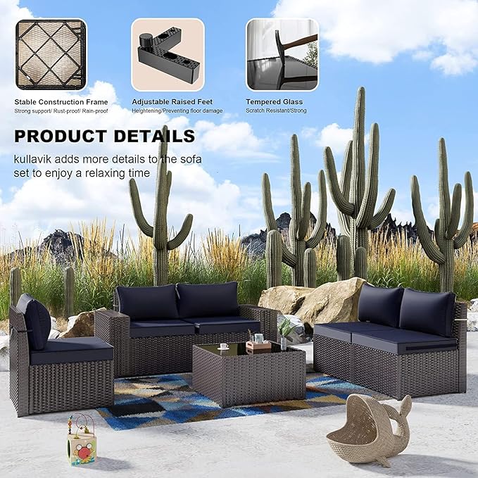 Kullavik 13PCS Outdoor Patio Furniture Set with 43" 55000BTU Gas Propane Fire Pit Table PE Wicker Rattan Sectional Sofa Patio Conversation Sets,Navy blue