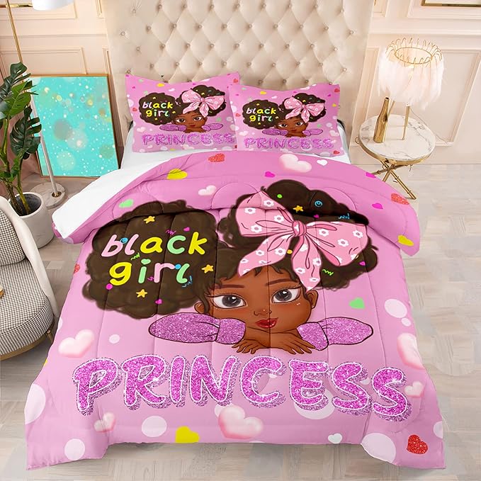 Black Girl Full Size Comforter Sets for Girls-Black African American Girls Full Size Bedding Sets Pink Princess Full Size Comforter Sets Girls Room, Full (1 Comforter 2 Pillowcases)