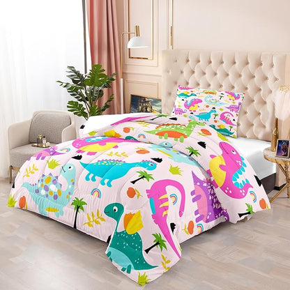 Dinosaur Twin Bedding Set, Cartoon Dinosaur Comforter Set Twin Girl Bedding Set for Girls Room Soft Breathable Dino Quilt Kids Bedding Set for All Season, 1 Comforter 1 Pillowcase
