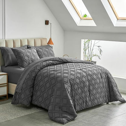 7 Pieces Tufted Bed in a Bag King Comforter Set with Sheets Dark Grey, Soft and Embroidery Shabby Chic Boho Bohemian, Luxury Solid Color with Diamond Pattern, Jacquard Tufts Bedding Set for All Season