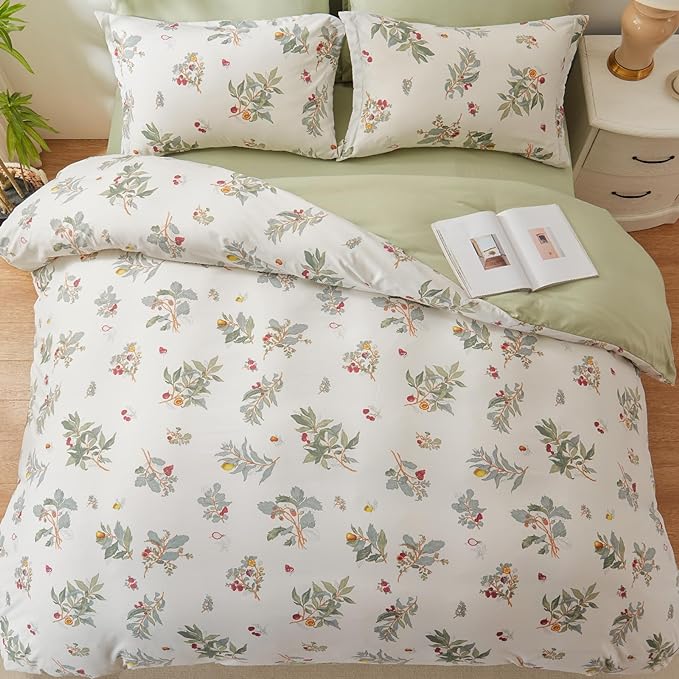 EMME Twin Comforter Set - Sage Green Floral Bedding Set 5 PCS with Flowers Leaves Pattern, Soft Plant Printed Botanical Bed Set with Sheets, Fluffy Bed Bag for All Season(68"X90")