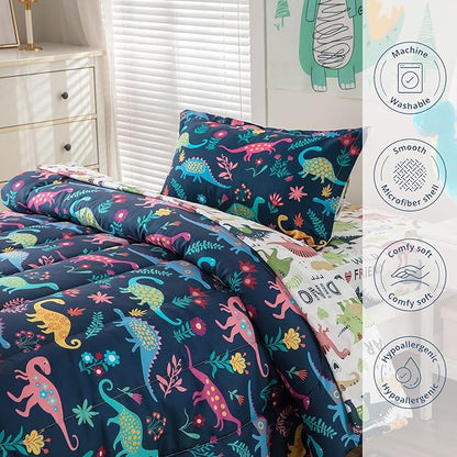 Dinosaur Twin Comforter Set for Boys Girls 4-Piece Dino Kids Bedding Sets Ultra Soft Cartoon Bedroom Set - Include Reversible Comforter, Flat Sheet, Fitted Sheet and Pillowcase, Blue