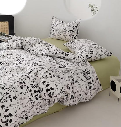 Black Botanical Comforter Set Queen White Black Floral Plant Bedding Comforter Set Girls Garden Pattern Printed on White Blanket Rustic Leaf Blossom Women White Farmhouse Comforter Queen