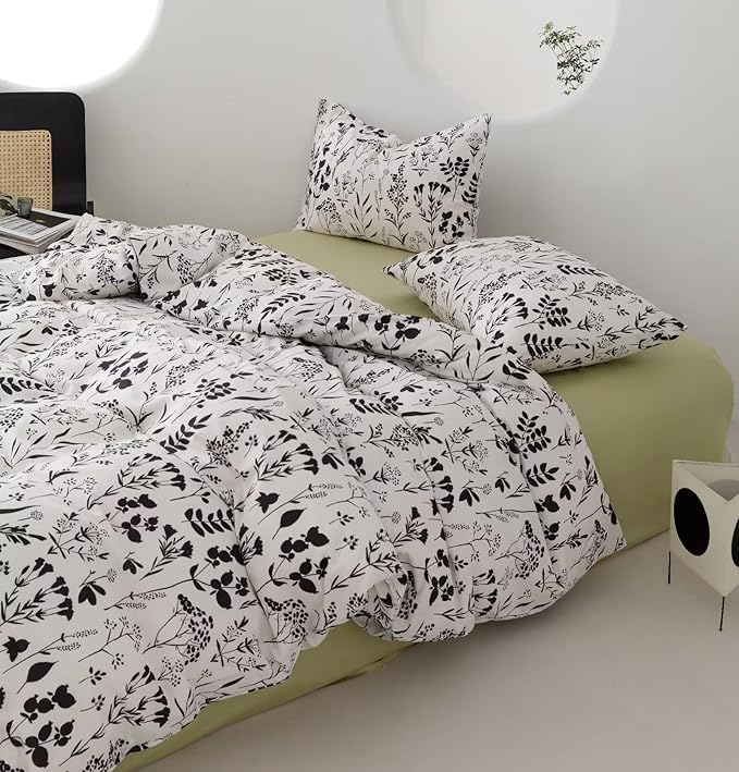Black Botanical Comforter Set Full White Black Floral Plant Bedding Comforter Set Girls Garden Pattern Printed on White Blanket Rustic Leaf Blossom Women White Farmhouse Comforter Full