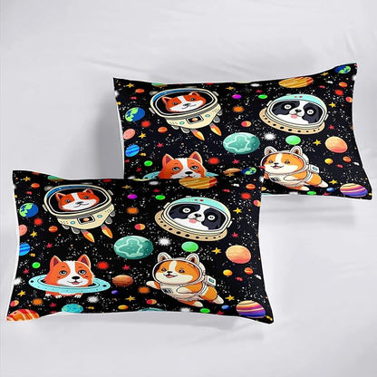 Outer Space Dog Comforter Sets Queen Size Cute Dog Bedding Set Cartoon Dog Astronaut Comforter Sets for Kids Girls Boys Colorful Space Dog Soft Microfiber Queen Bedding Set with 2 Pillowcases