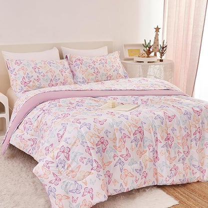 Butterfly Kids Comforter Set for Girls Full Size, Cute Reversible Quilted Lavender Printed Bedding Set with Pillow Sham, Lightweight Soft Breathable Machine Washable Bed Set 3 Piece