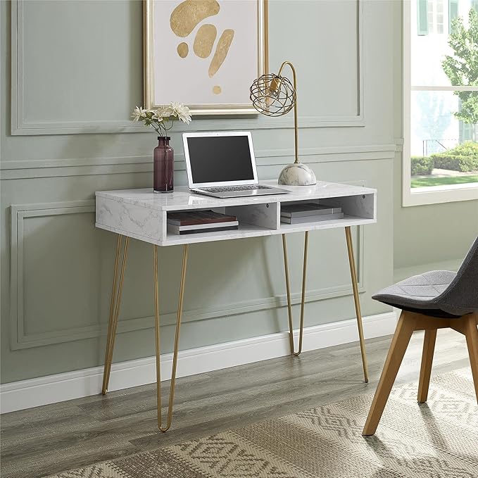 Novogratz Athena Computer Desk with Storage, White Marble