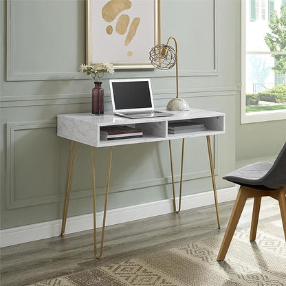 Novogratz Athena Computer Desk with Storage, White Marble