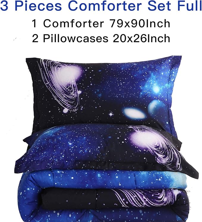 Litanika 3D Galaxy Comforter Full(79x90lnch), 3 Pieces(1 Galaxy Comforter, 2 Pillowcases) Universe Outer Space Bedding Set, Microfiber Comforter Set for Kid Boy Girl Teen