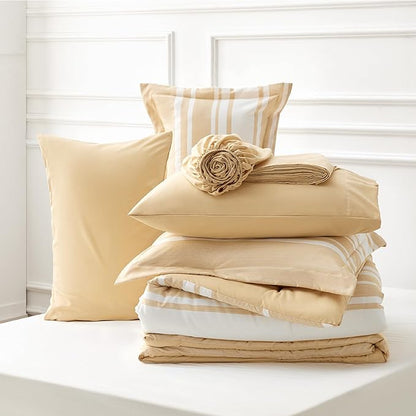 Bedsure Bed in a Bag Twin Size 5-Piece Yellow White Striped Bedding Comforter Sets All Season Bed Set with 1 Pillow Sham, Flat Sheet, Fitted Sheet and 1 Pillowcase