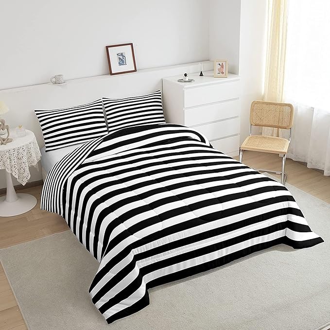 Striped Comforter Set Black and White Stripe Bedding Set King Kids Boys Girls Women Men Farmhouse Ticking Stripes Duvet Set Modern Geometric Lines Adults Abstract Gothic Home Decor Soft Reversible