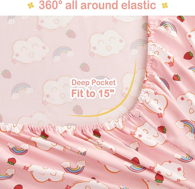 Mooreeke Bed in a Bag for Kids Girls Teens, 5 Pieces Twin Size Comforter Bed Set with Shams, Sheet Set, Rainbow Cloud Strawberry Pink Super Soft Microfiber Kids Comforter Bedding Set