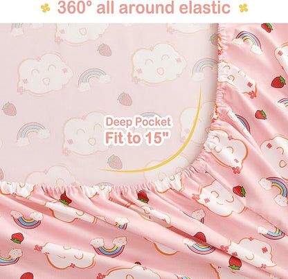 Mooreeke Bed in a Bag for Kids Girls Teens, 7 Pieces Full Size Comforter Bed Set with Shams, Sheet Set, Rainbow Cloud Strawberry Pink Super Soft Microfiber Kids Comforter Bedding Set