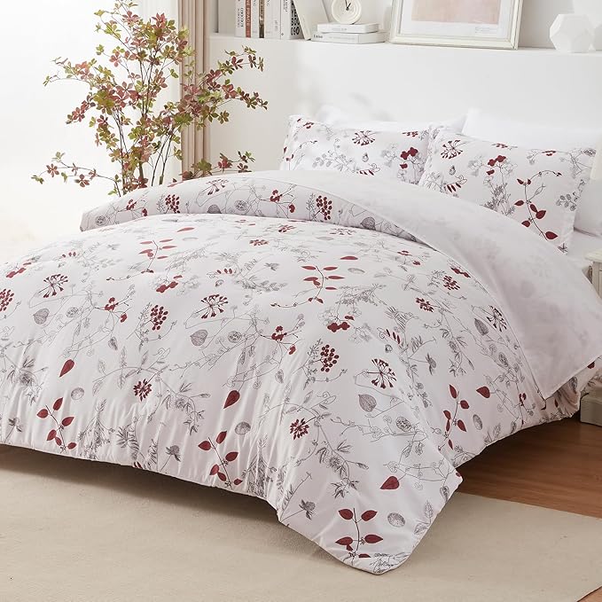 EMME Queen Comforter Set - Red Floral Bedding Set 7 PCS with Flowers Leaves Pattern, Soft Plant Printed Botanical Bed Set with Sheets, Fluffy Bed Bag for All Season(90"X90")