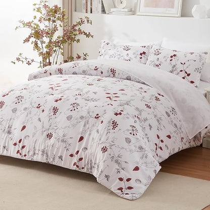 EMME Queen Comforter Set - Red Floral Bedding Set 7 PCS with Flowers Leaves Pattern, Soft Plant Printed Botanical Bed Set with Sheets, Fluffy Bed Bag for All Season(90"X90")