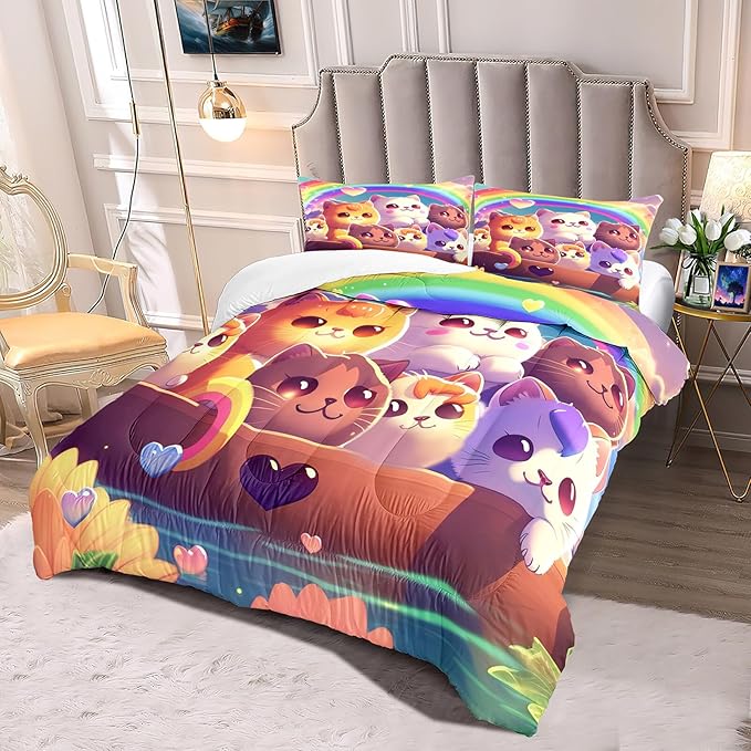 Cat Bedding Set Queen Size, Cartoon Cat Comforter Set, Lovely Animal Pattern and Rainbow Prints Bedding Sets for Kids Girls Kawaii Cat Queen Size Quilt Sets with 2 Pillowcases