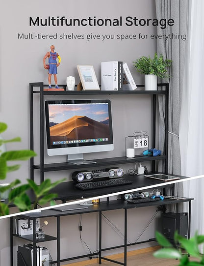 Evajoy L Shaped Computer Desk with Power Outlets and USB Ports, Reversible L-Shaped Corner Gaming Desk with Storage Shelves, 94.5’’ Industrial 2 Person Home Office Desk with Monitor Stand for Home
