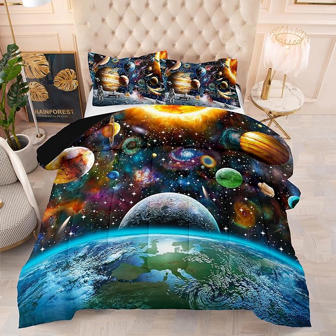 Tailor Shop 5 Pcs Outer Space Comforter Sets Queen Bed in A Bag for Teen Boys Kids,Galaxy Bedding Set with Space Sheets Fitted Bed Sheet (1 Comforter, 1 Flat Sheet, 1 Fitted Sheet, 2 Pillowcases)
