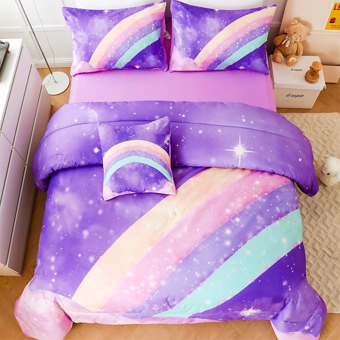 Purple Rainbow Girls Full Size Comforter Set, 6 Pieces Gradient Glitter Kids Bedding Sets, Galaxy Kids Bedroom Decor Bed in A Bag with Sheets for Girls Teens