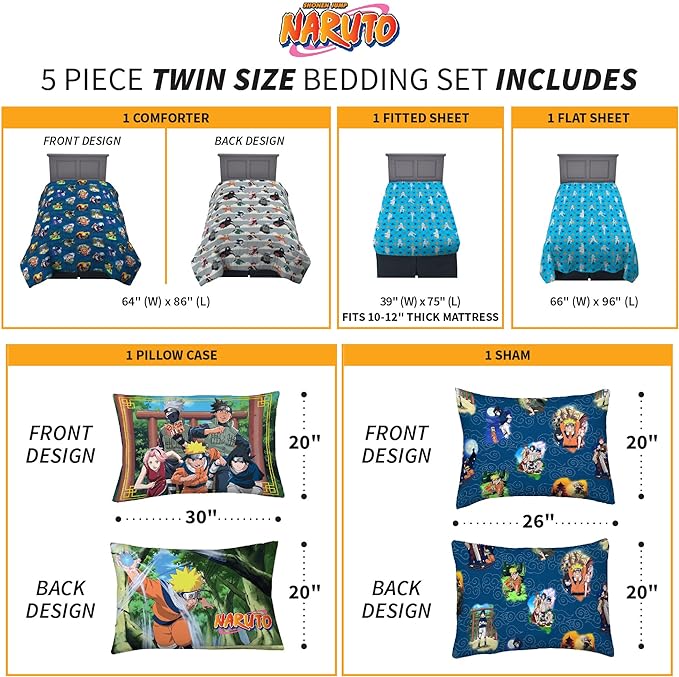 Naruto Anime Bedding Super Soft Comforter And Sheet Set With Sham, 5 Piece Twin Size, By Franco