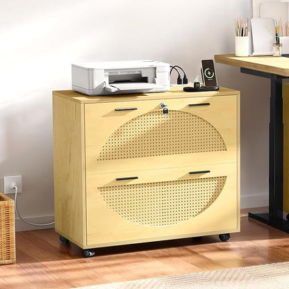 YITAHOME 2 Drawer File Cabinet with Charging Station, Rattan Filing Cabinet with Lock, Wood File Cabinet with Wheels, Home Office Furniture Fits A4, Letter, Legal Size Files