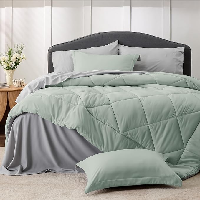 Bedsure Sage Green Full Comforter Set - 7 Pieces Reversible Bed Set Sage Green Bed in a Bag Full with Comforters, Sheets, Pillowcases & Shams, Full Bedding Sets