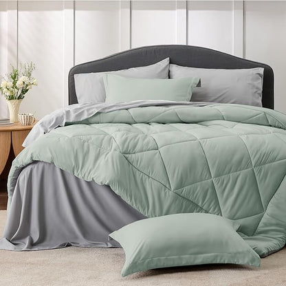 Bedsure Sage Green Queen Comforter Set - 7 Pieces Reversible Bed Set Sage Green Bed in a Bag Queen with Comforters, Sheets, Pillowcases & Shams, Queen Bedding Sets