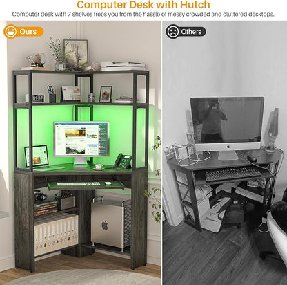Cyclysio Small Corner Desk with Hutch, Heavy Duty Corner Computer Desk with Power Outlets & LED Light, Triangle Corner Gaming Desk with Keyboard Tray for Home Office, Small Space, Workstation Grey