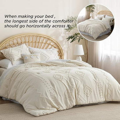 Bedsure Boho Comforter Set King - Beige Tufted Bedding Comforter Set, 3 Pieces Farmhouse Shabby Chic Embroidery Bedding Set, Soft Geometric Pattern Comforter for All Seasons