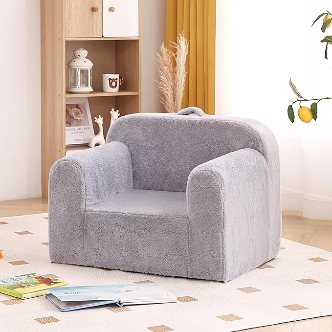 Tiita Kids Sofa, Children Couch with Carrying Handle & Side Pockets, Kids Foam Chair, Toddler Armrest Chair, Lightweight Children Sofa Chair, Kids Read Sofa for Girl or Boy (Grey)