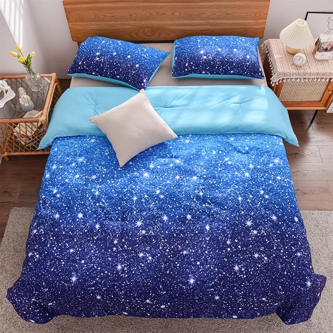 Holawakaka Kids Space Star Galaxy Bedding Comforter Set Twin/Twin XL Size Boys Girls Blue Indigo Ombre Print Gradient Glitter Stars Bed Sets (Blue, Twin)