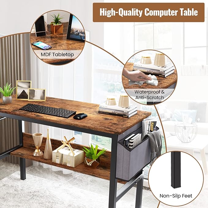 DKLGG Small Computer Desk Study Table, 43 Inch Home Office Laptop Table for Small Spaces, Modern Work Writing Table with Storage Bag & Headphone Hook, Rustic Brown