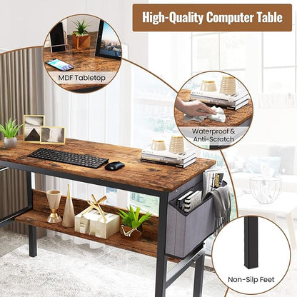 DKLGG Small Computer Desk Study Table, 43 Inch Home Office Laptop Table for Small Spaces, Modern Work Writing Table with Storage Bag & Headphone Hook, Rustic Brown